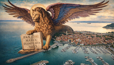 Na simbolični sliki beneški lev, v ozadju Izola.